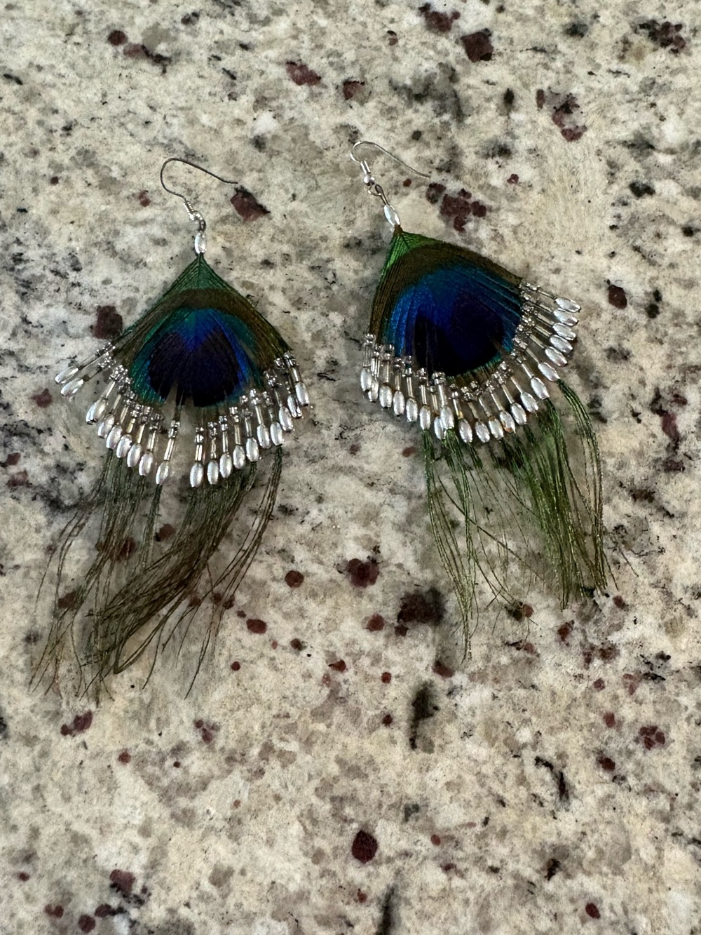 Long peacock feather earrings Preowned Unbranded Good condition